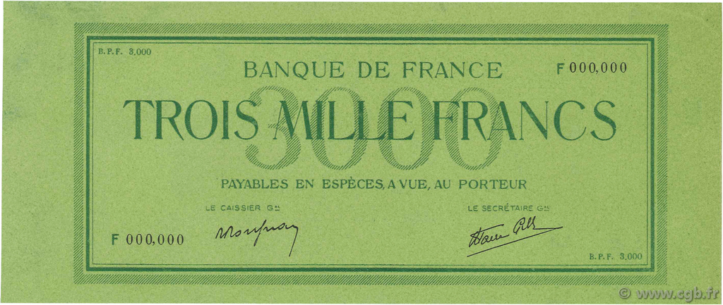 3000 Francs Vert FRANKREICH  1938 NE.1938.01b fST+