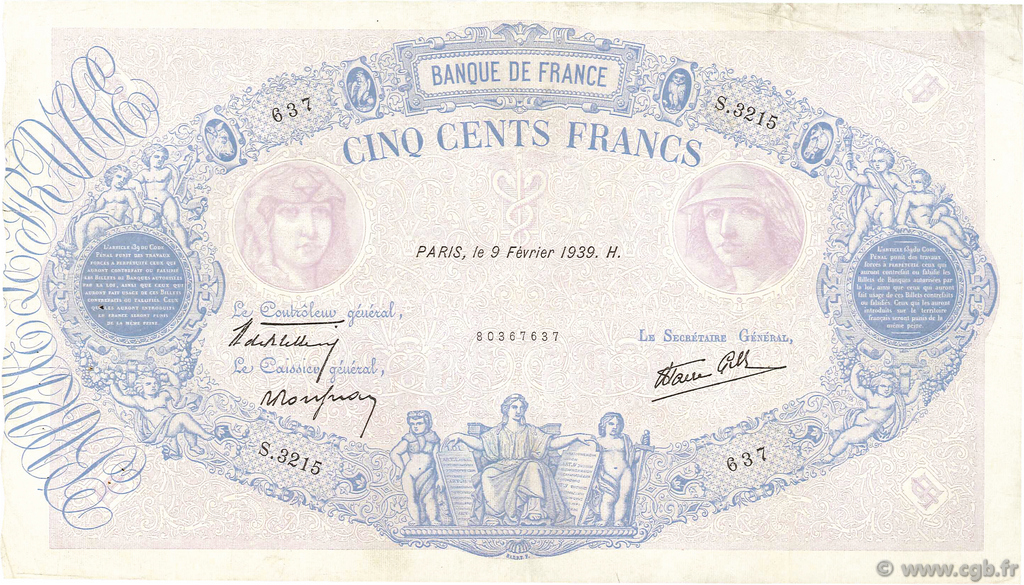 500 Francs BLEU ET ROSE modifié FRANCE  1939 F.31.25 F - VF