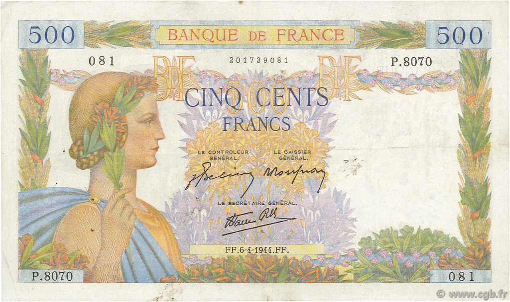 500 Francs LA PAIX FRANCE  1944 F.32.46 VF