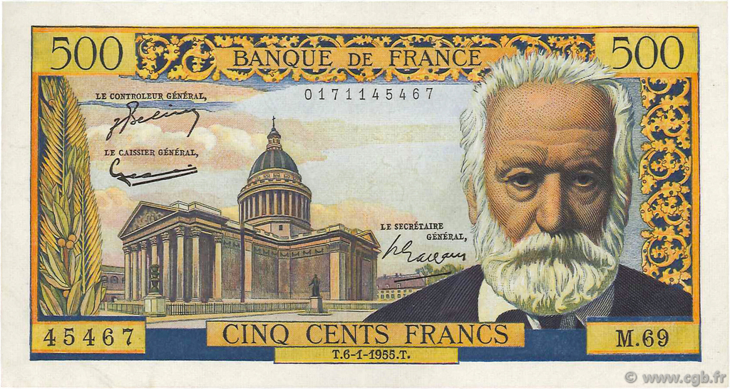 500 Francs VICTOR HUGO FRANCIA  1955 F.35.04 EBC+