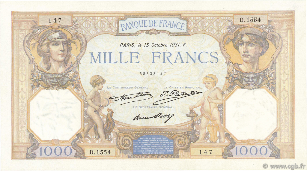1000 Francs CÉRÈS ET MERCURE FRANCE  1931 F.37.06 AU