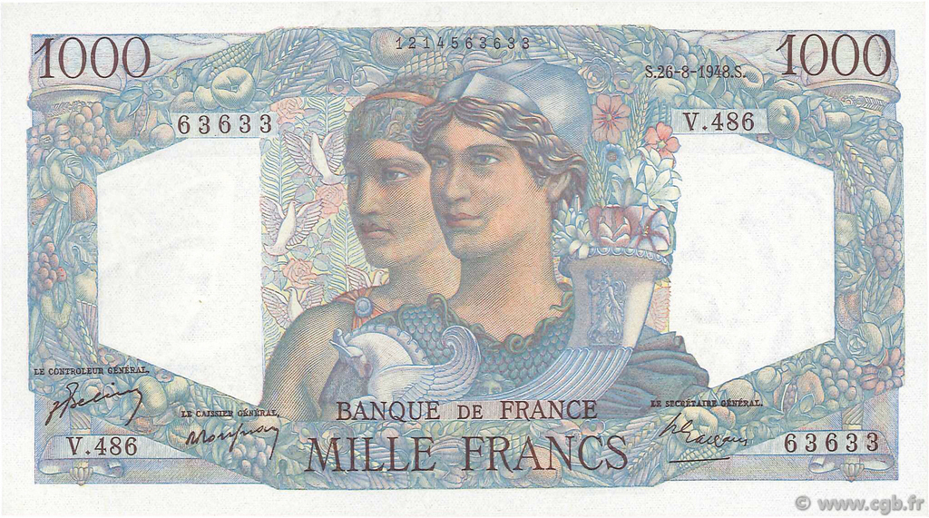 1000 Francs MINERVE ET HERCULE FRANCIA  1948 F.41.23 q.FDC