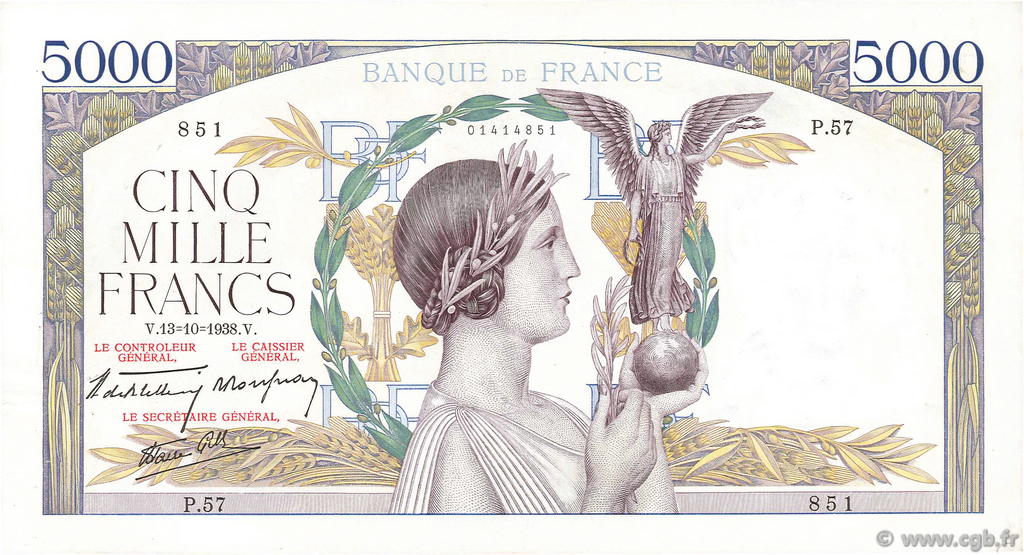 5000 Francs VICTOIRE modifié, taille douce FRANCIA  1938 F.45.01 MBC a EBC
