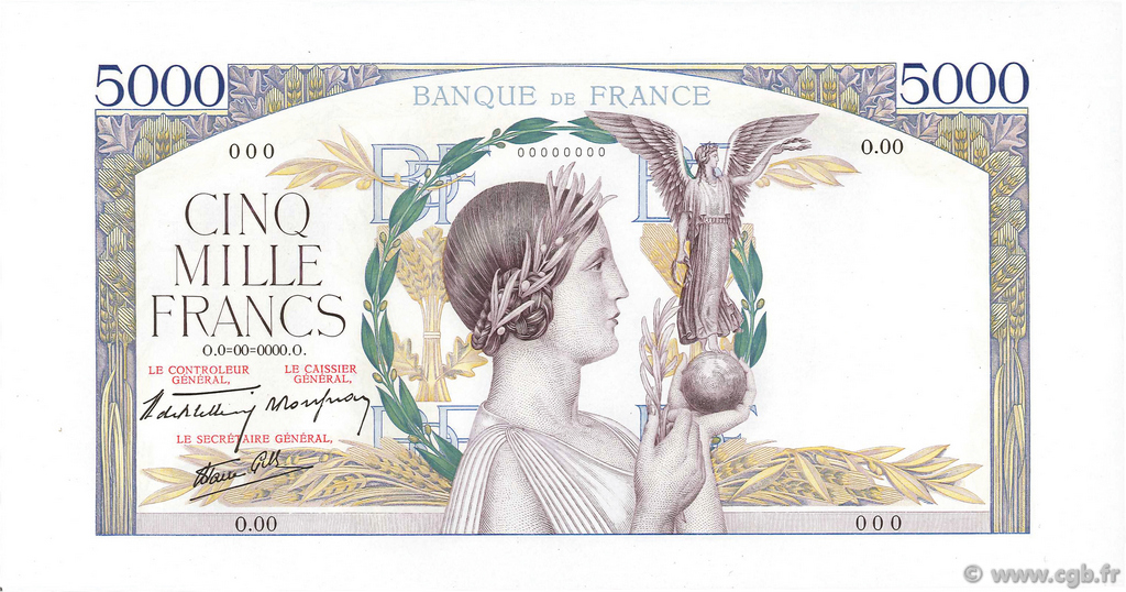 5000 Francs VICTOIRE Impression à plat FRANCE  1938 F.46.00Ed UNC