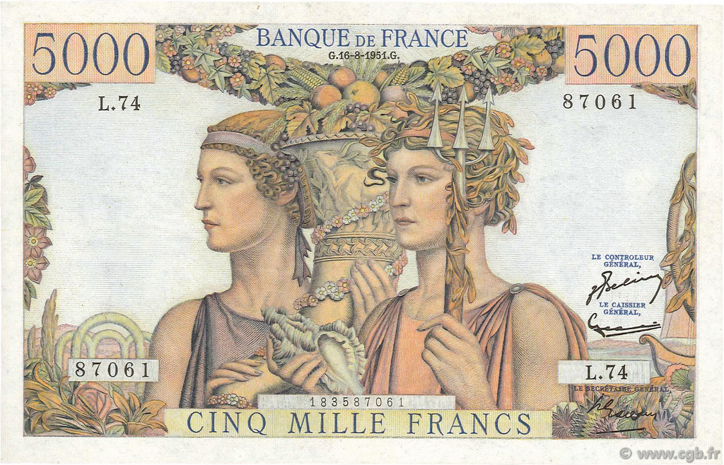 5000 Francs TERRE ET MER FRANCIA  1951 F.48.05 q.FDC