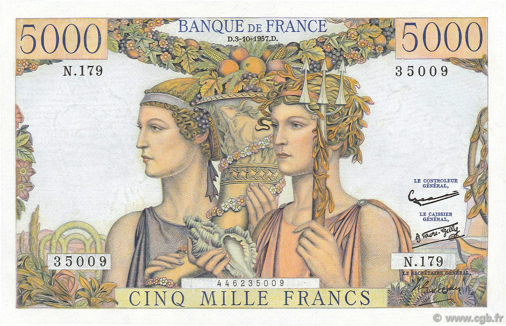 5000 Francs TERRE ET MER FRANCE  1957 F.48.17 UNC-