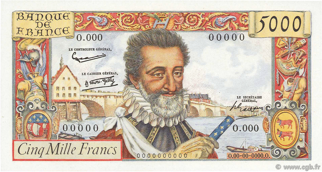 5000 Francs HENRI IV FRANCIA  1957 F.49.00Ed FDC