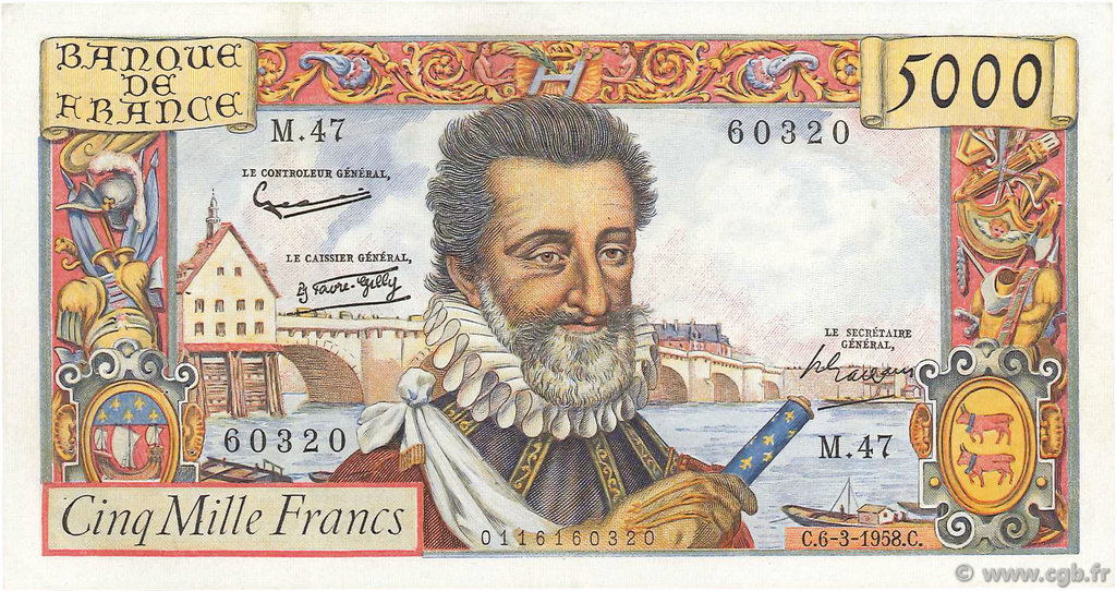 5000 Francs HENRI IV FRANCE  1958 F.49.06 VF+