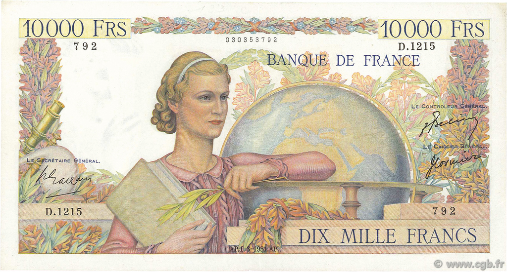 10000 Francs GÉNIE FRANÇAIS FRANCE  1951 F.50.48 XF-