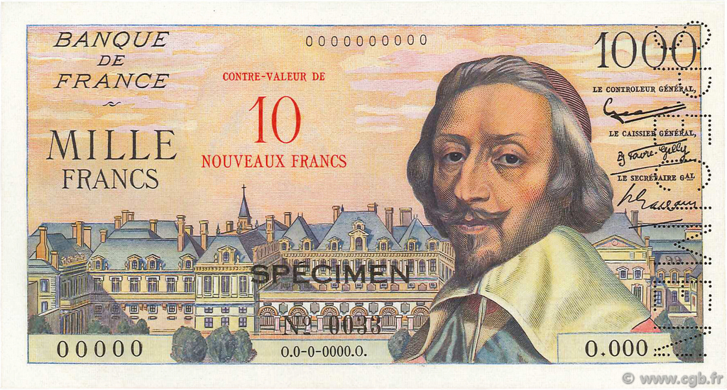 10 NF sur 1000 Francs RICHELIEU FRANCE  1957 F.53.01Spn UNC