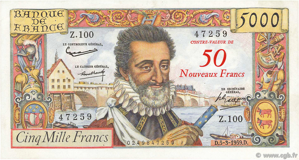 50 NF sur 5000 Francs HENRI IV FRANCIA  1959 F.54.02 MBC+