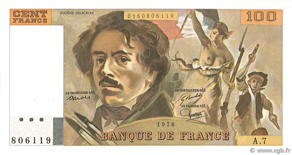 100 Francs DELACROIX modifié FRANCE  1990 F.69.01d UNC-