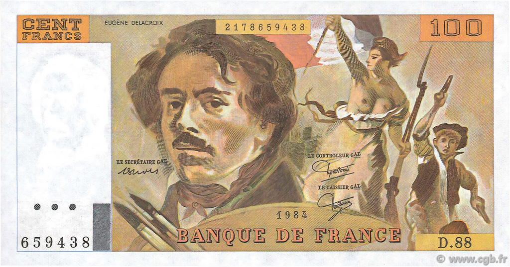 100 Francs DELACROIX modifié FRANCIA  1984 F.69.08b FDC