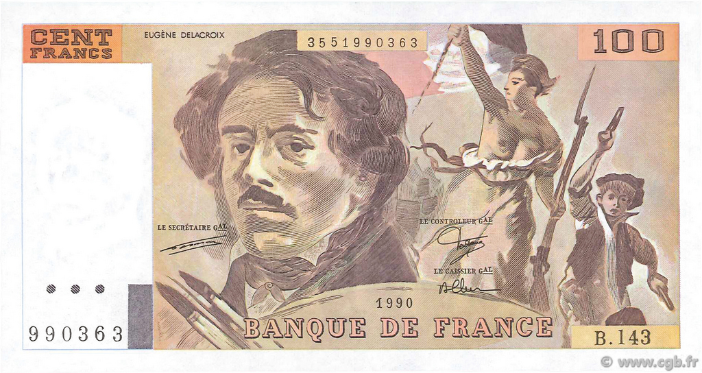 100 Francs DELACROIX imprimé en continu FRANCIA  1990 F.69bis.01bB q.FDC