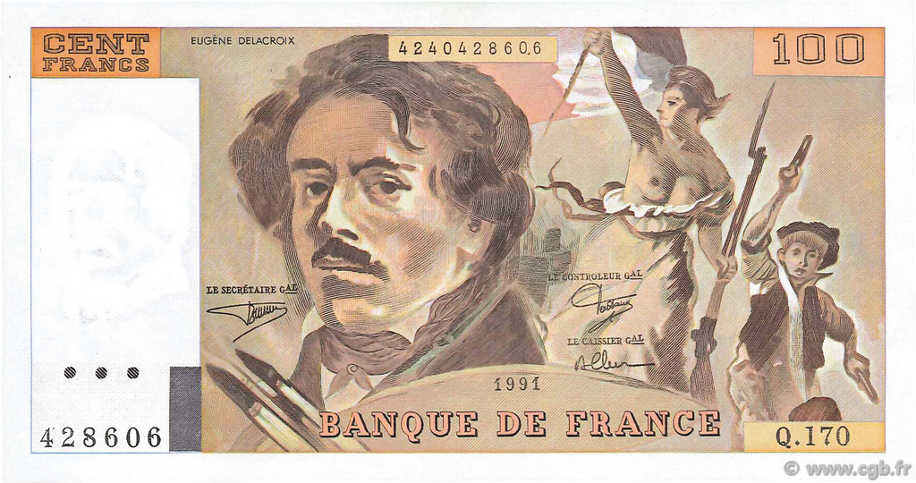 100 Francs DELACROIX imprimé en continu FRANCIA  1991 F.69bis.03a1b FDC