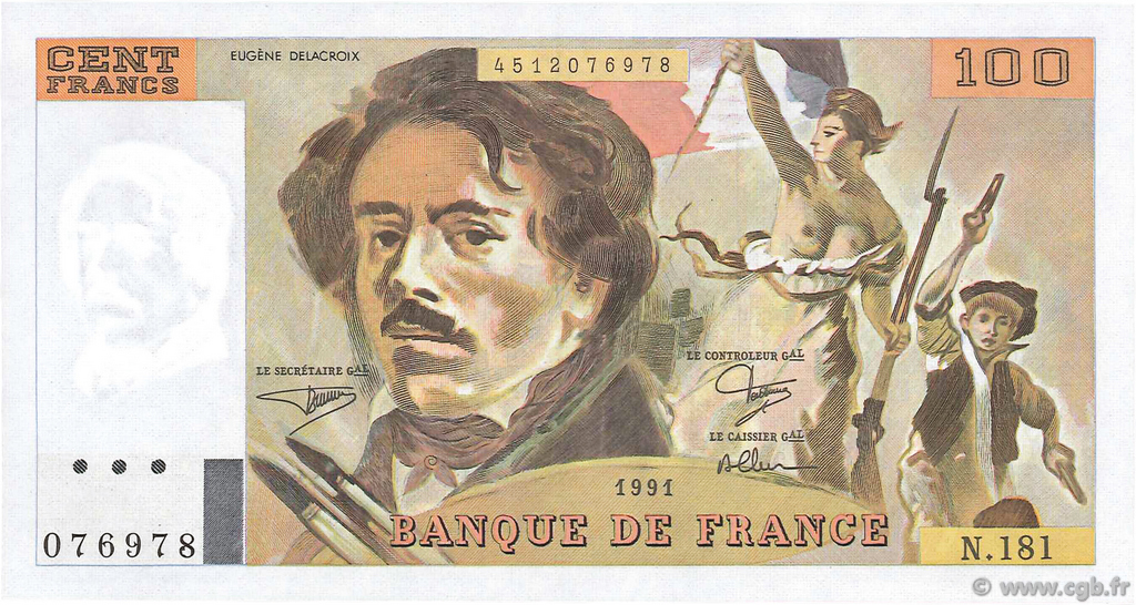 100 Francs DELACROIX imprimé en continu FRANCE  1991 F.69bis.03b1 UNC