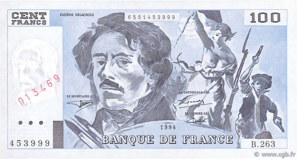 100 Francs DELACROIX 442-1 & 442-2 FRANKREICH  1994 F.69ter.01b ST