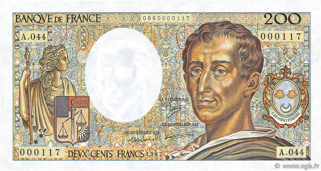 200 Francs MONTESQUIEU FRANCIA  1987 F.70.07 q.FDC