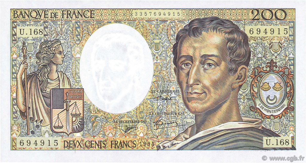200 Francs MONTESQUIEU Modifié FRANCE  1994 F.70/2.02a NEUF