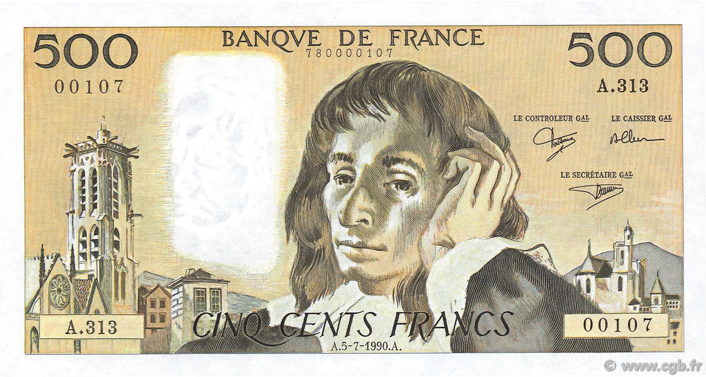 500 Francs PASCAL FRANCE  1990 F.71.44 UNC-