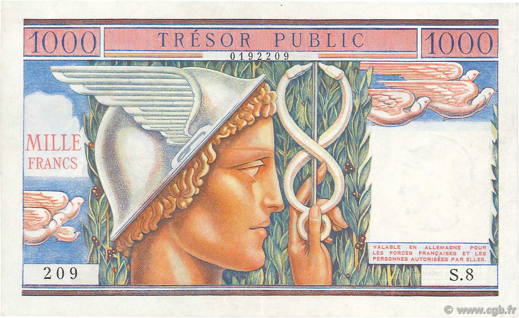 1000 Francs TRÉSOR PUBLIC FRANCIA  1955 VF.35.01 SPL+