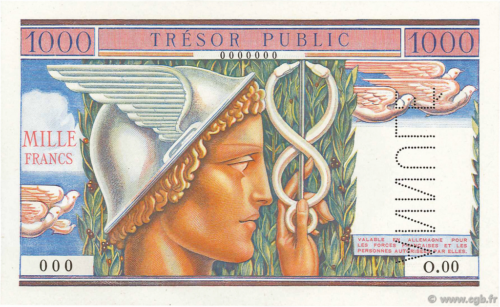 1000 Francs TRÉSOR PUBLIC FRANCE  1955 VF.35.00Ed UNC