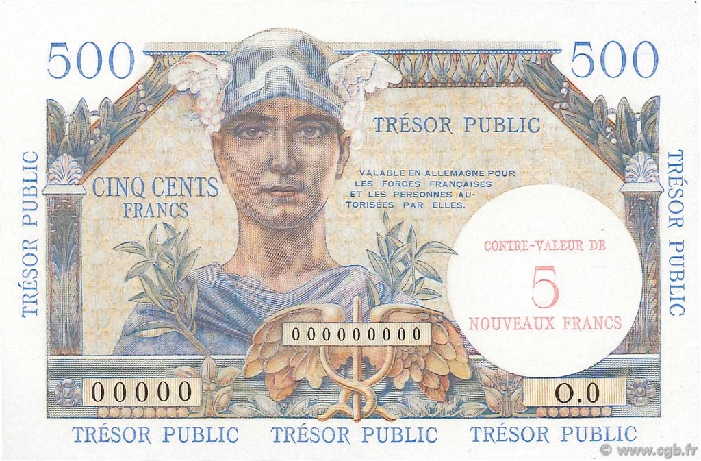 5NF sur 500 Francs TRÉSOR PUBLIC FRANCE  1960 VF.37.00Ed2 UNC