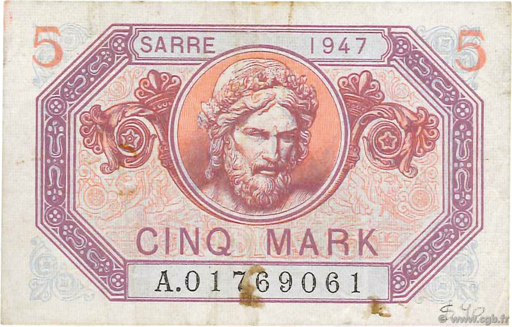 5 Mark SARRE FRANCIA  1947 VF.46.01 BC+