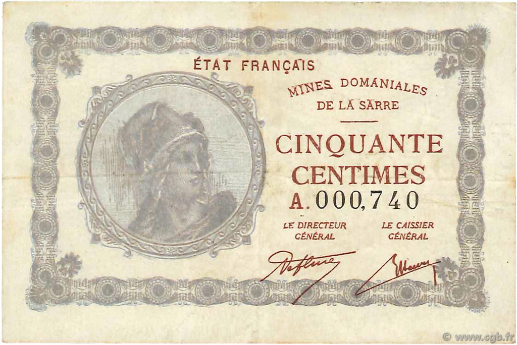 50 Centimes MINES DOMANIALES DE LA SARRE FRANCIA  1920 VF.50.01 MBC