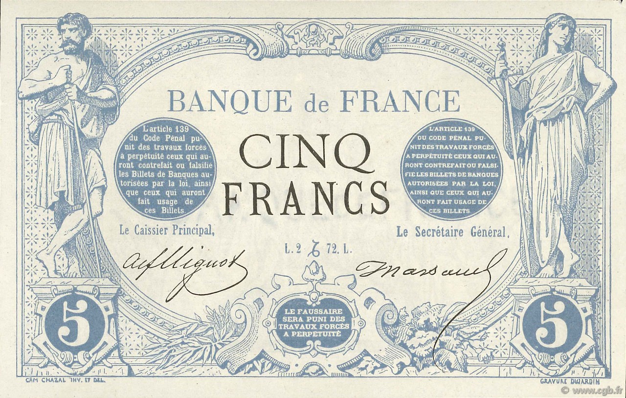 5 Francs NOIR essai avec filigrane FRANCE  1872 F.01.13Ec UNC