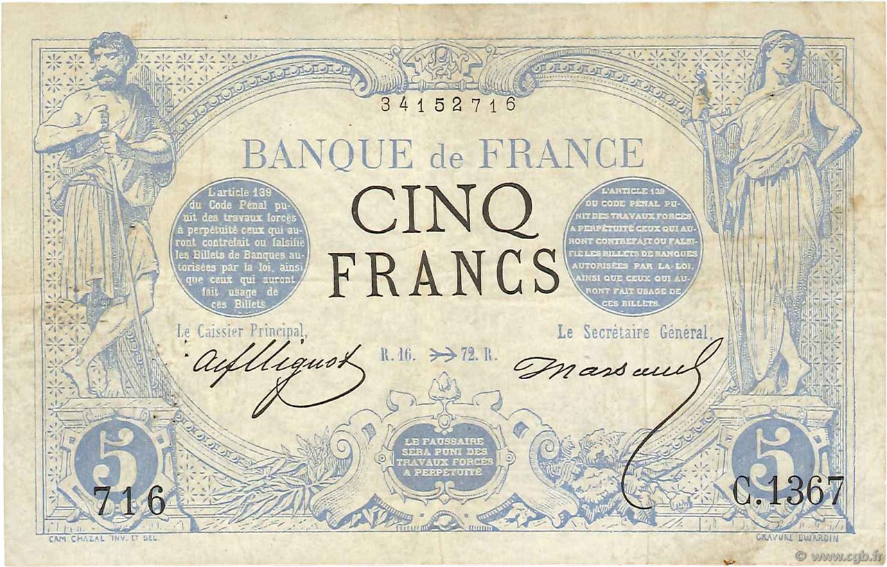 5 Francs NOIR FRANCIA  1872 F.01.12 BB