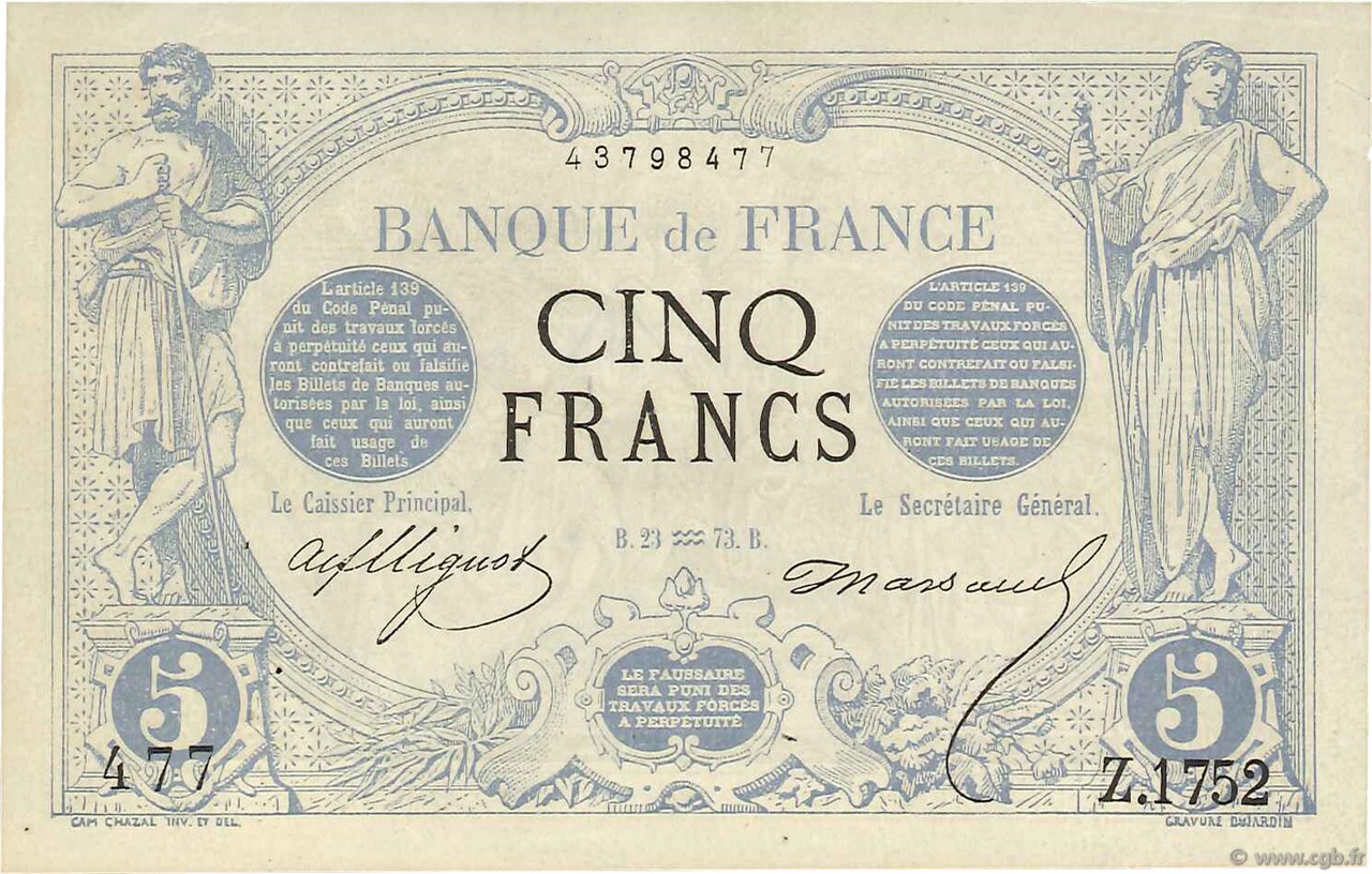 5 Francs NOIR FRANCE  1873 F.01.14 XF