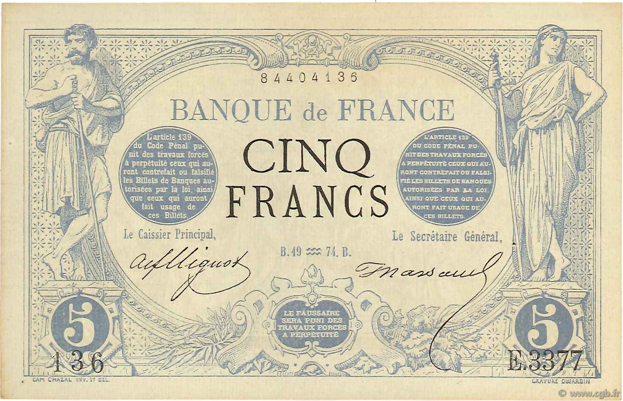 5 Francs NOIR FRANCIA  1874 F.01.25 SPL+
