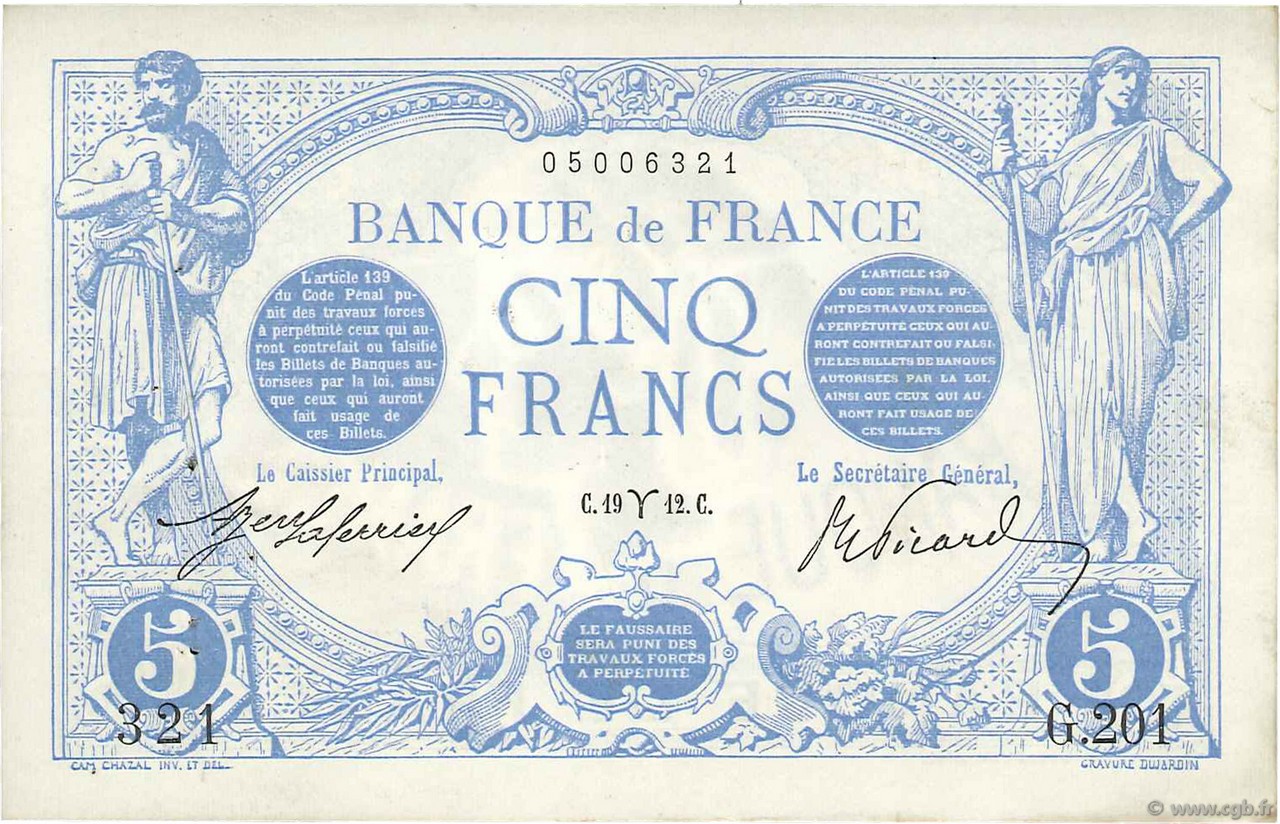 5 Francs BLEU FRANCIA  1912 F.02.03 q.SPL