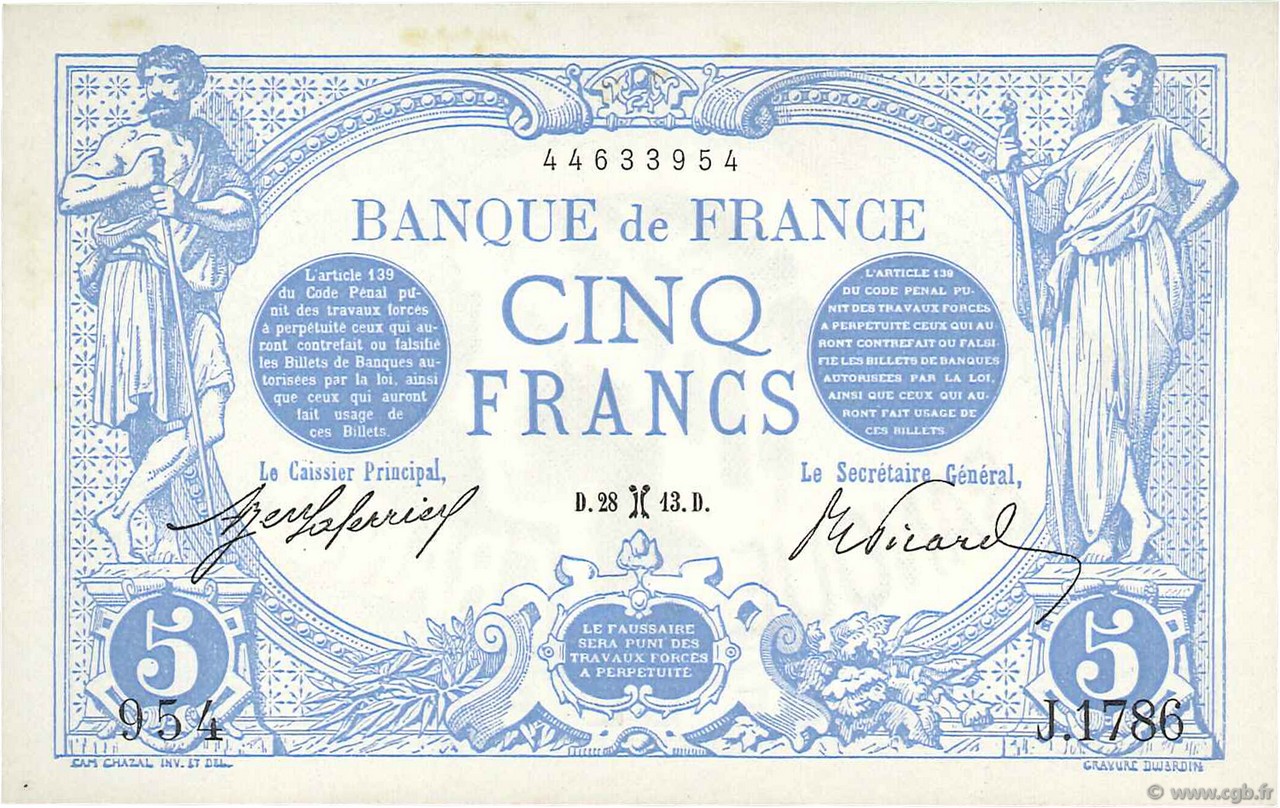 5 Francs BLEU FRANCIA  1913 F.02.14 AU