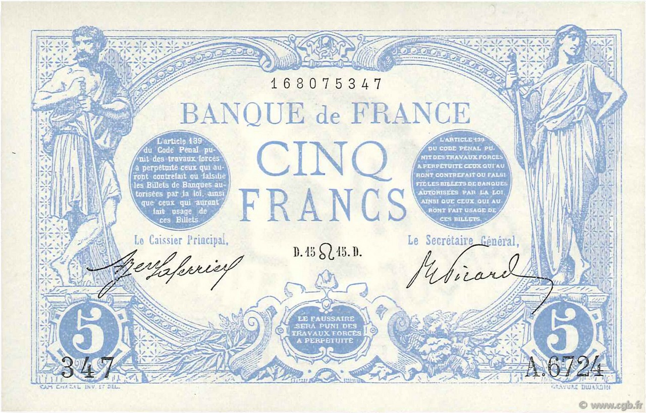 5 Francs BLEU FRANCIA  1915 F.02.29 SC+