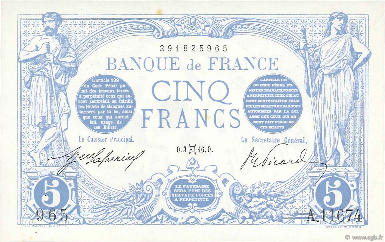 5 Francs BLEU FRANCIA  1916 F.02.39 SPL