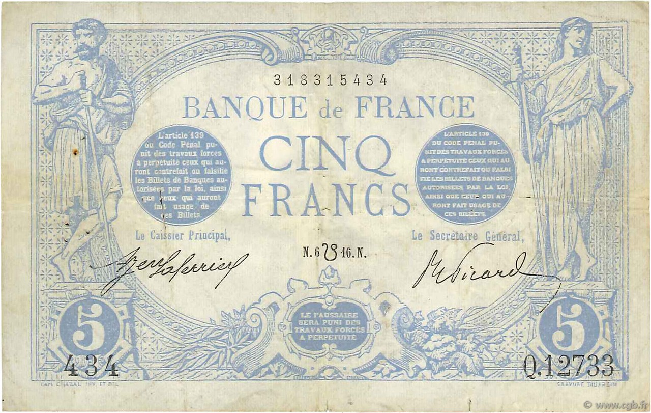 5 Francs BLEU lion inversé FRANCIA  1916 F.02bis.04 MB
