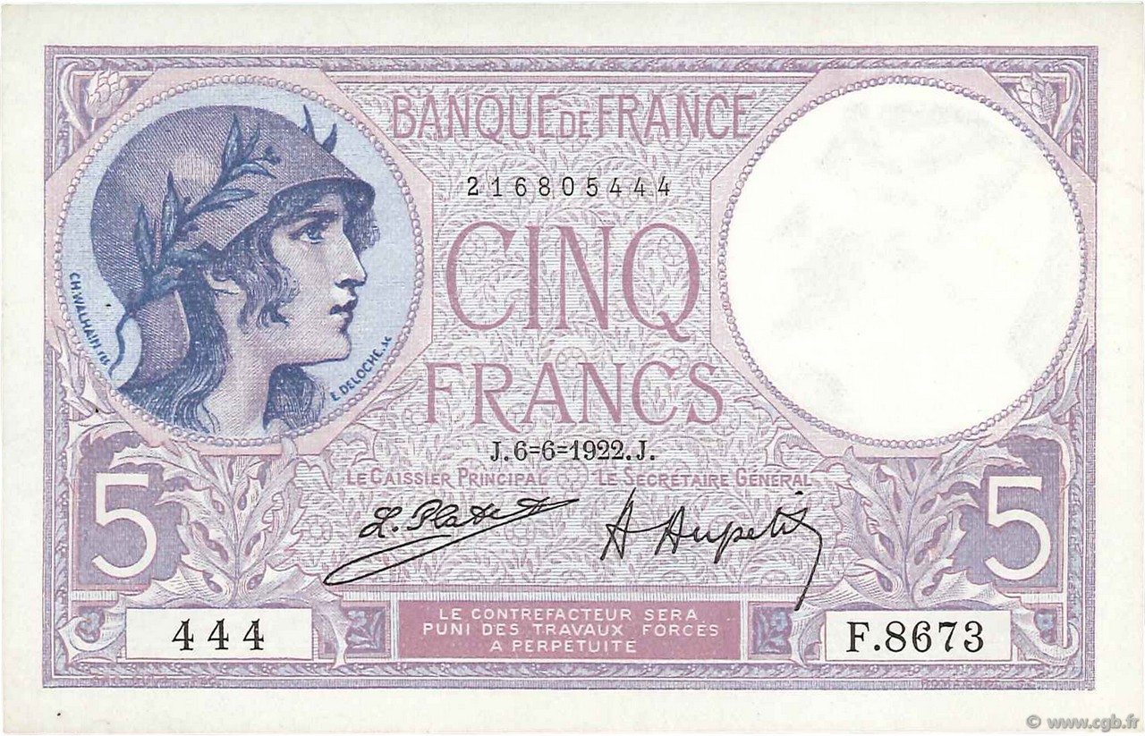 5 Francs FEMME CASQUÉE FRANCE  1922 F.03.06 SUP+