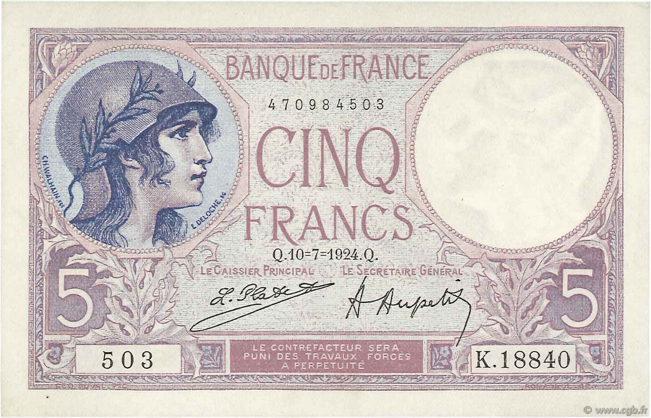 5 Francs FEMME CASQUÉE FRANKREICH  1924 F.03.08 fST+