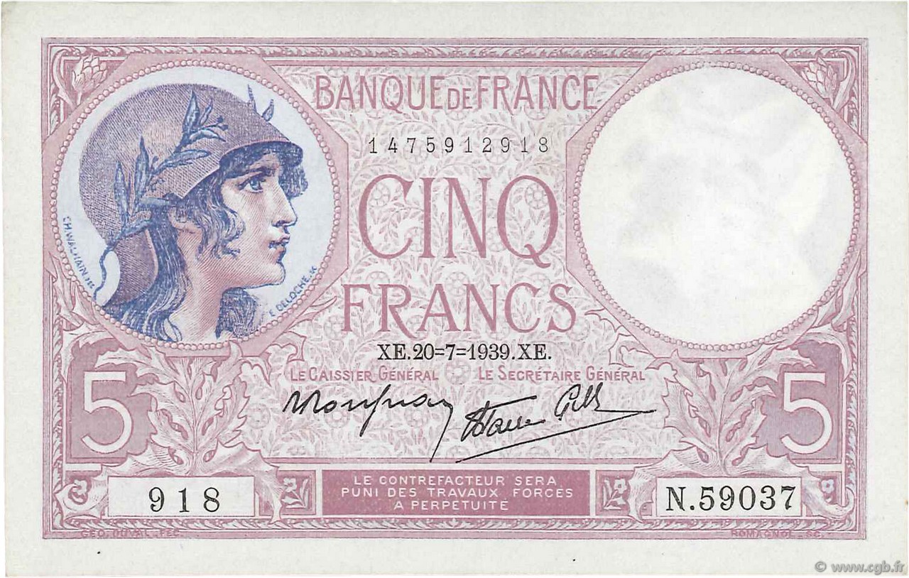 5 Francs FEMME CASQUÉE modifié FRANKREICH  1939 F.04.02 fST+