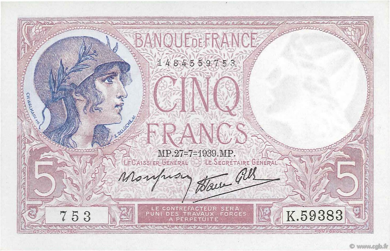 5 Francs FEMME CASQUÉE modifié FRANCIA  1939 F.04.03 FDC