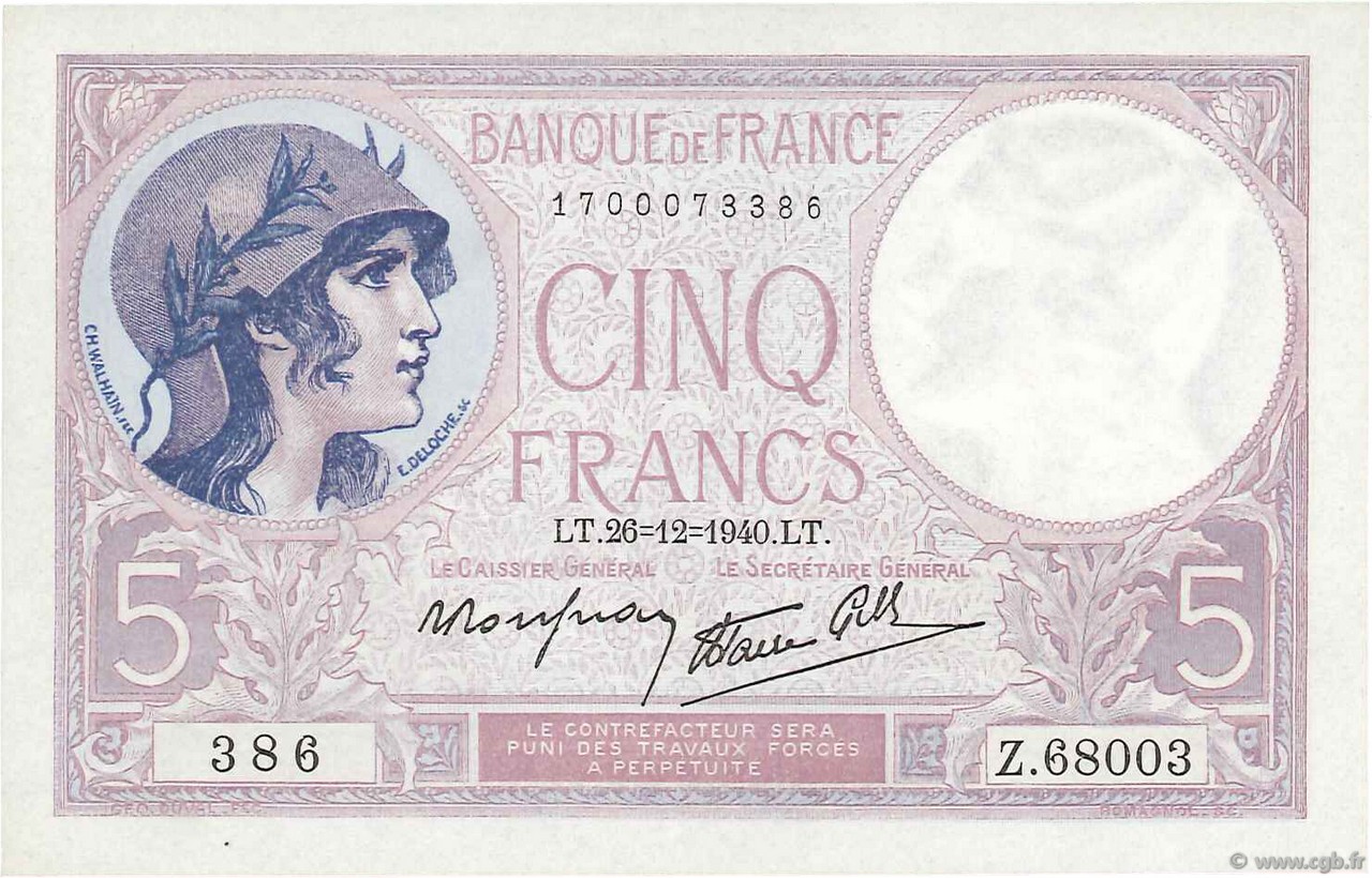 5 Francs FEMME CASQUÉE modifié FRANCE  1940 F.04.18 NEUF