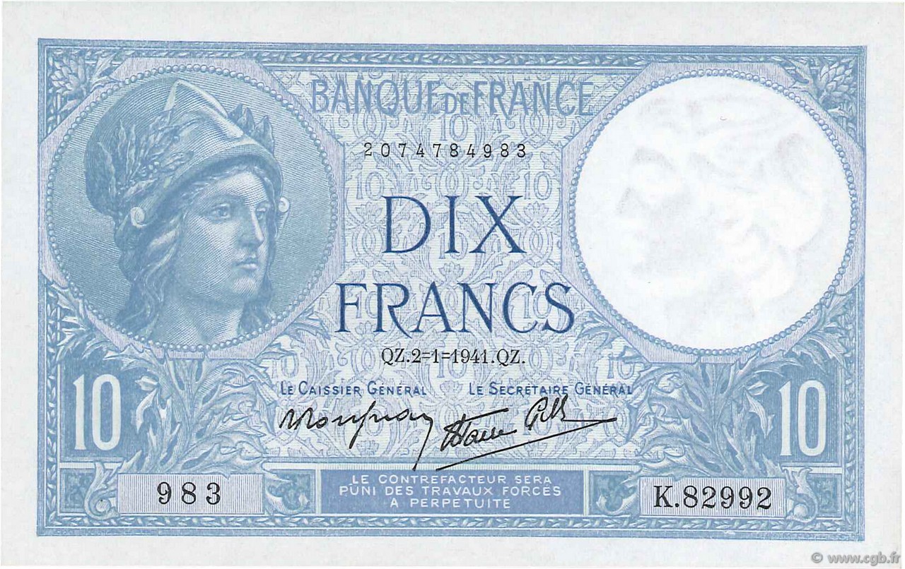 10 Francs MINERVE modifié FRANCIA  1941 F.07.26 FDC