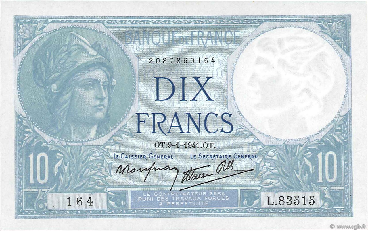 10 Francs MINERVE modifié FRANCIA  1941 F.07.27 FDC