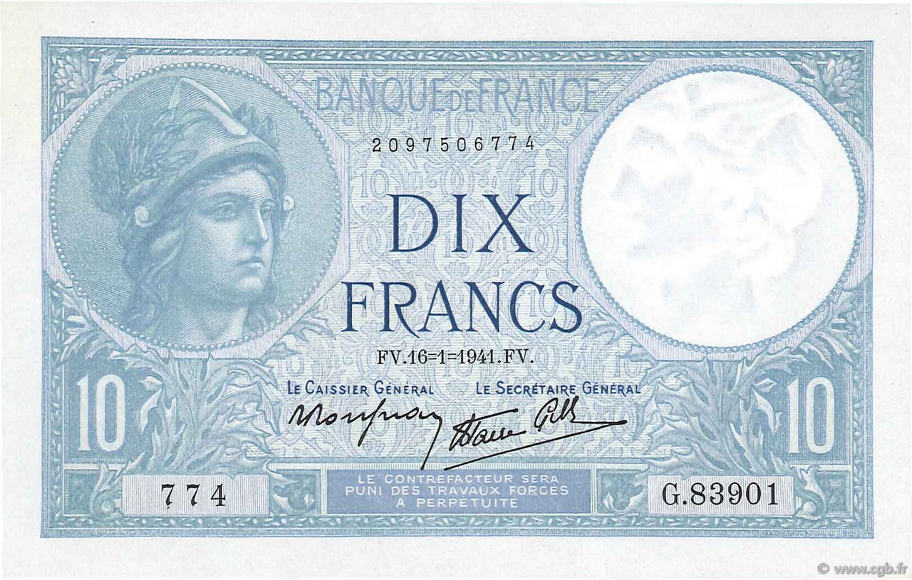 10 Francs MINERVE modifié FRANKREICH  1941 F.07.28 ST