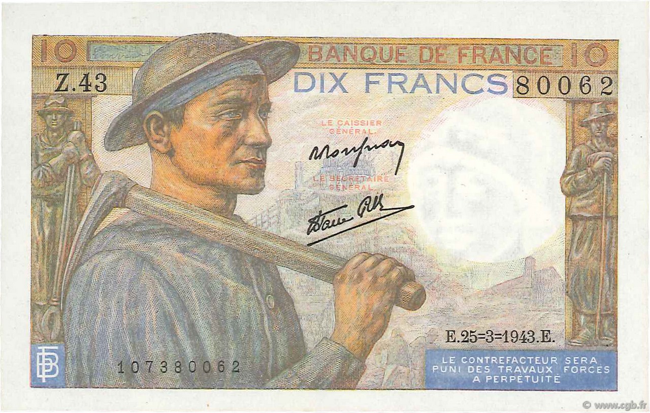 10 Francs MINEUR FRANKREICH  1943 F.08.08 ST
