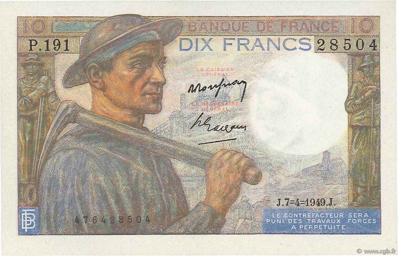 10 Francs MINEUR FRANCE  1949 F.08.21 AU