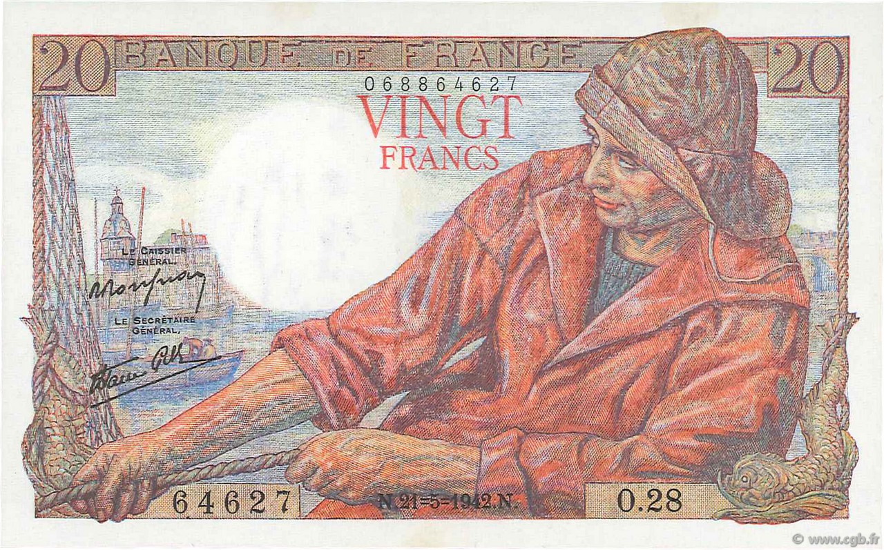 20 Francs PÊCHEUR FRANCE  1942 F.13.02 UNC