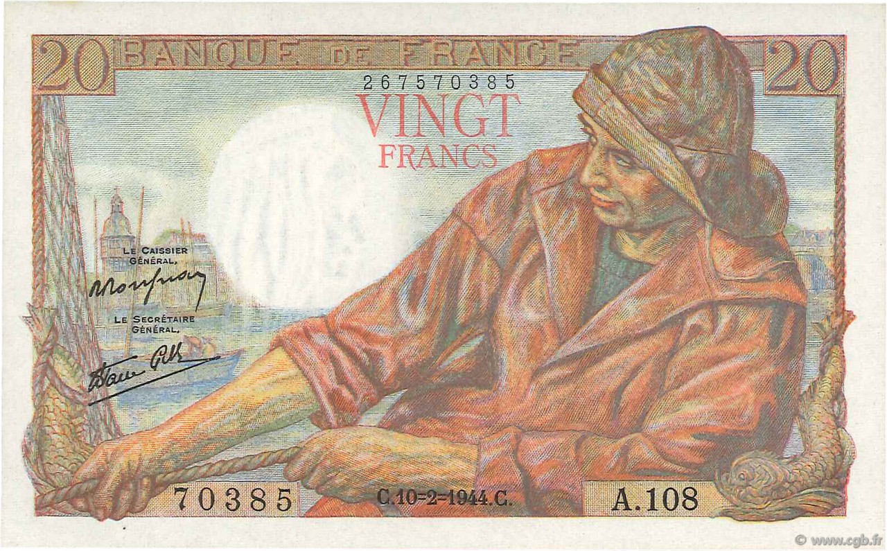 20 Francs PÊCHEUR FRANCE  1944 F.13.08 UNC